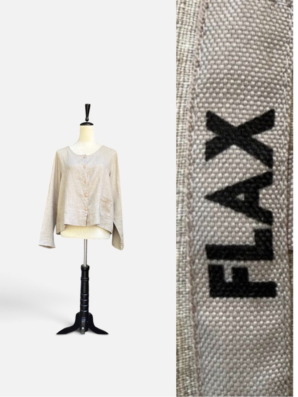 FLAX Jeanne Engelhart 100% Linen Boxy Scoop Neck Button Down Blouse Sz S